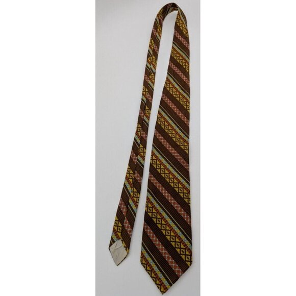 Vintage 60s 70s Men's Tie Brown Yellow Blue Striped - Picture 3 of 9